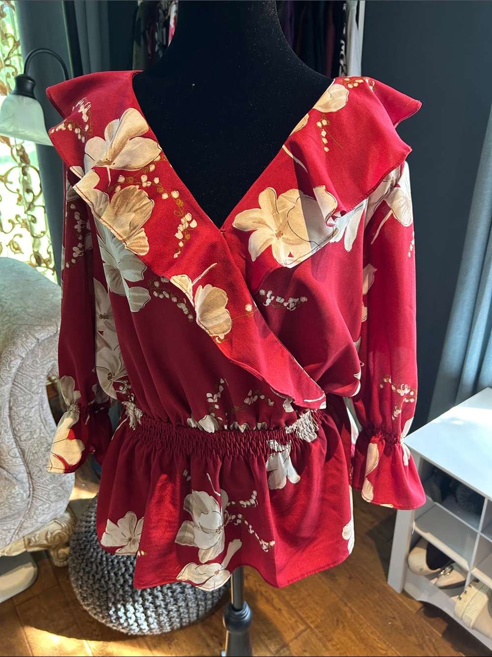Women's Red Floral Ruffle Wrap Blouse